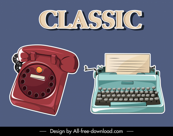 ikony urządzeń biurowych retro szkic maszyny do pisania telefonu