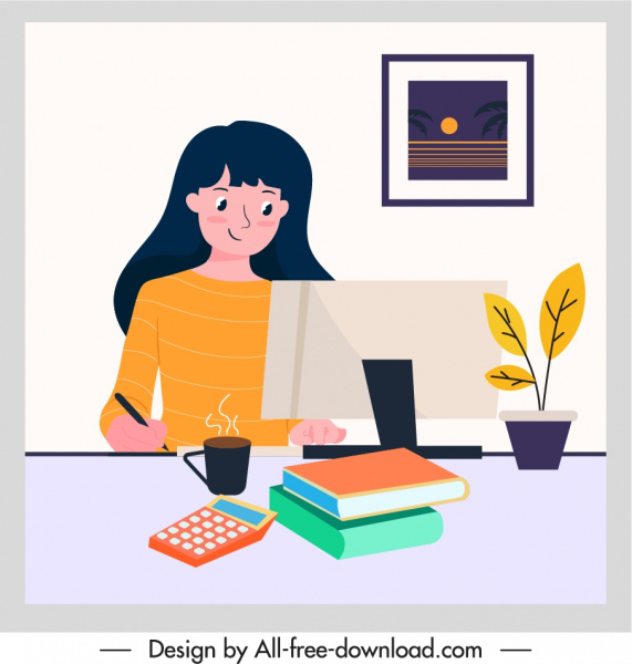 Office Work Background Young Lady Employee Cartoon Sketch-vector Cartoon-free  Vector Free Download