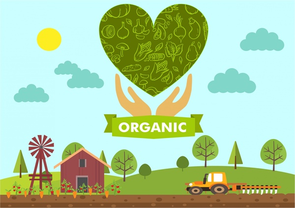 elementos de símbolo de banner de produtos ogranic fazenda projeto do coração