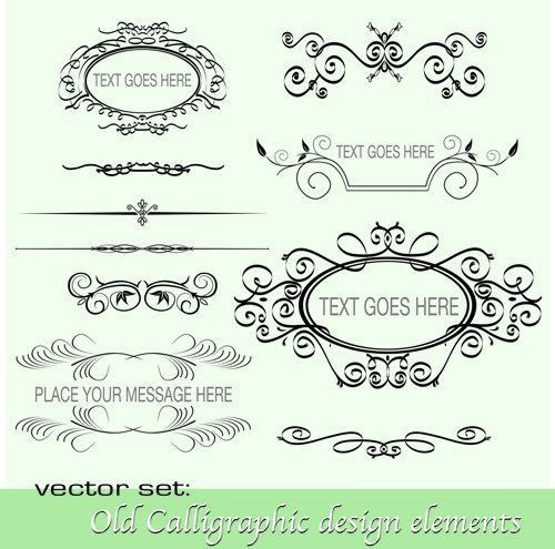 Antiguo conjunto vectorial de elementos de diseño caligráfico