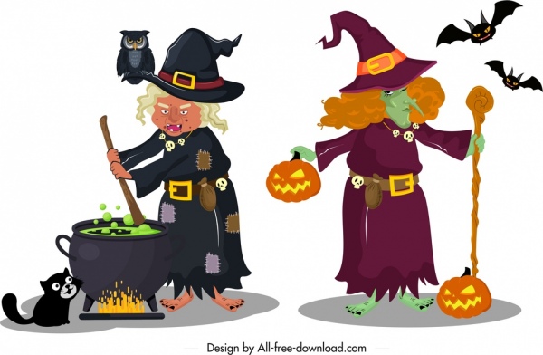 Old Horror Witch Icons Sketsa Karakter Kartun Berwarna