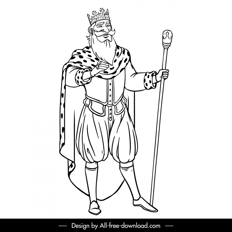 старый король икона черный белый от руки нарисованный мультяшный контур