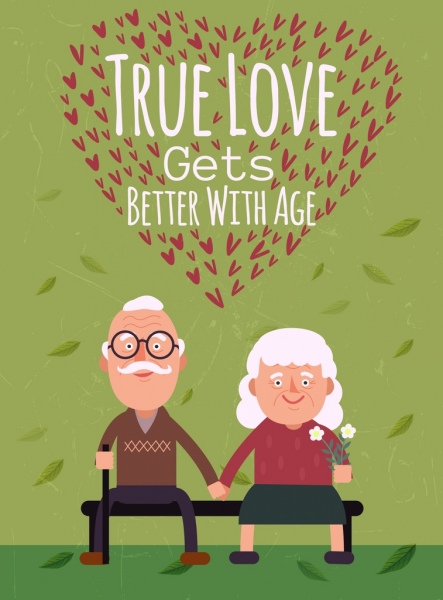 Old Love Banner Elderly Couple Icons Hearts Decoration