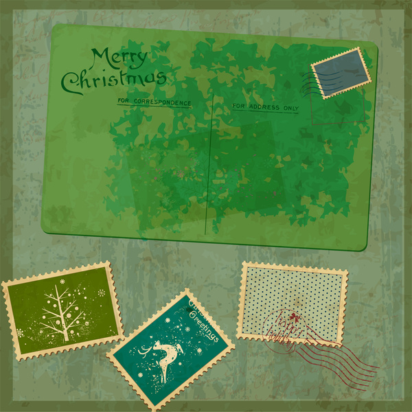 우표와 함께 오래 된 메리 크리스마스 카드