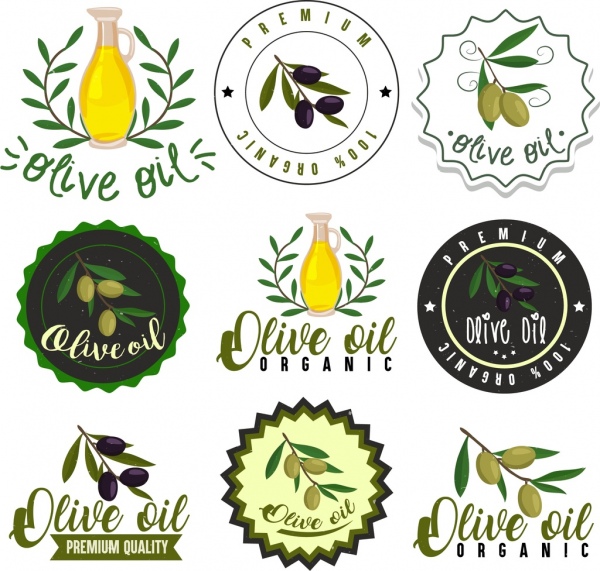 Colección de iconos de oliva Frutas frasco de etiquetas de varias formas