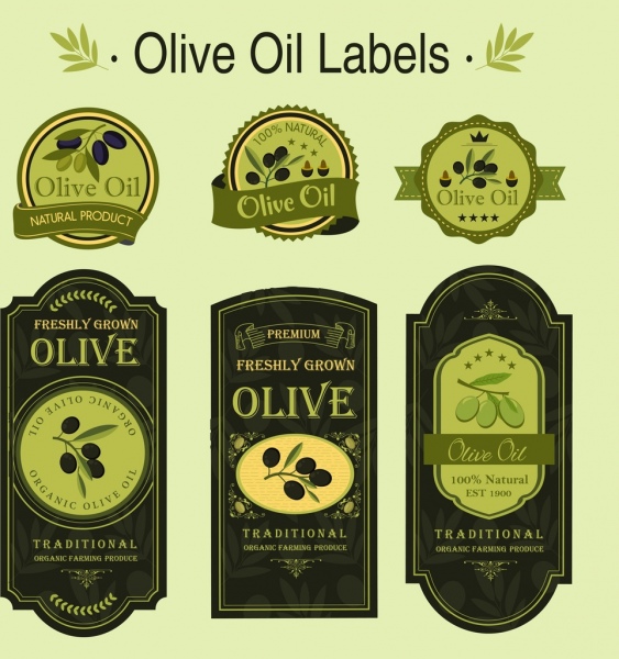 Aceite de oliva verde de la coleccion de formas planas, etiquetas de aislamiento
