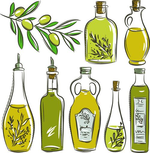 Oliven und Olivenöl handgezeichneter Vektor