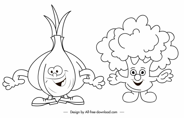 cebolla brocoli iconos divertidoes estilizados dibujado a mano bosquejo