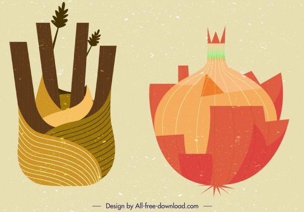 ícones de vegetais cebola colorido design retro