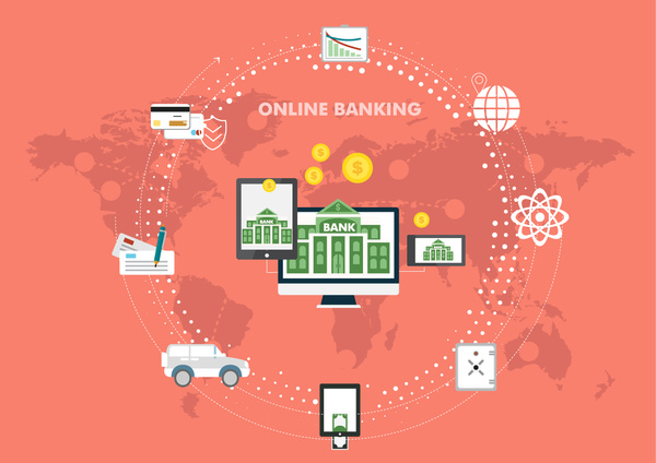 Infográfico de banco on-line com ícones e círculo design