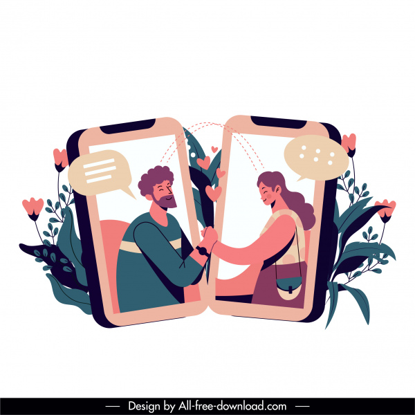 온라인 데이트 디자인 요소 전화 커플 통신 스케치