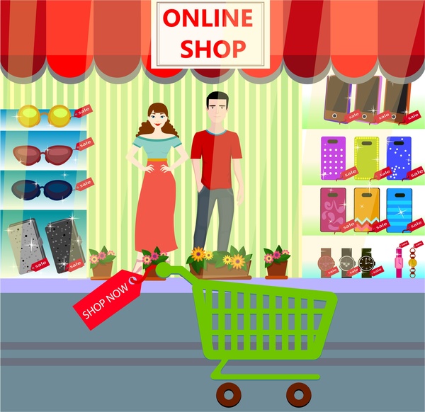 Tienda online de diseño de concepto con tienda mostrando mercancías