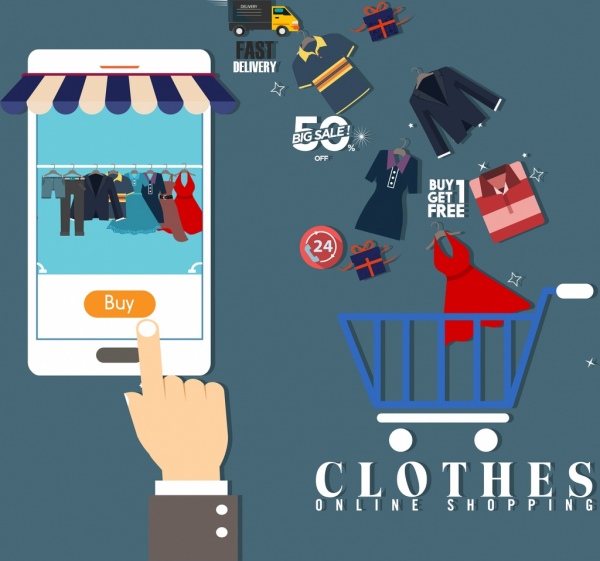 Las compras en linea anuncio smartphone mano ropa carro los iconos
