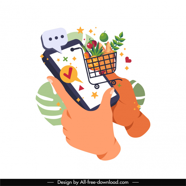aplicativo de compras on-line ícone smartphone trolley mão esboço