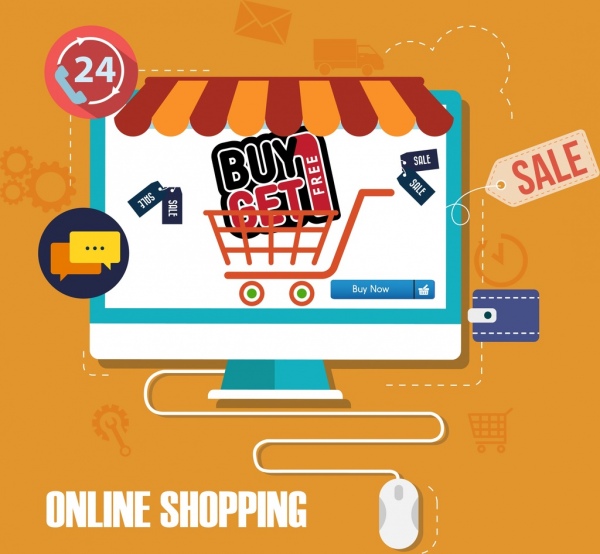Online-shopping Hintergrund Computer Bildschirm Trolley Symbole Dekor