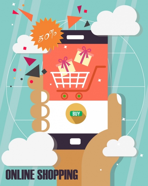 banner de compras on-line smartphone mão de vendas elementos de design