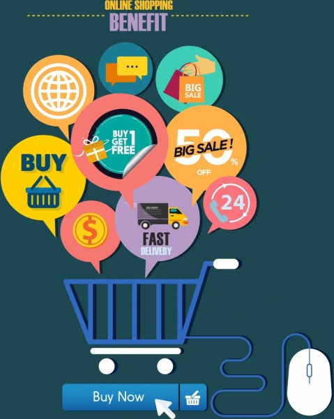 shopping online beneficio concetto discorso gingilli trolley icone