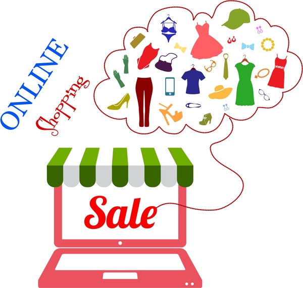 conceito de compra on-line com ícones de laptop e roupas