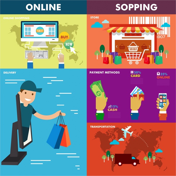 Online Shopping conceptos ilustración con diversos elementos de diseño