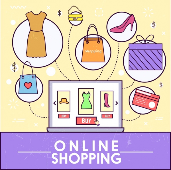 Elementos de diseño de iconos de compra online de productos informáticos