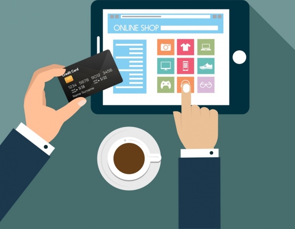 belanja online poster tangan memegang ikon kartu kredit