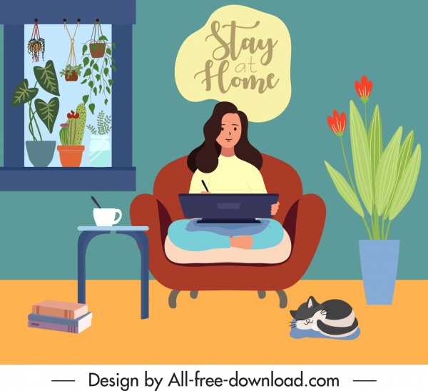 online kerja banner gadis bekerja sketsa ruang rumah