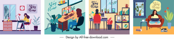 banners de trabalho on-line esboço de desenho animado colorido