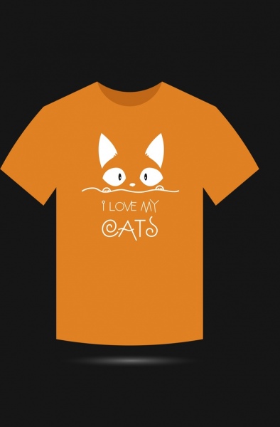 橙色 t 恤設計貓臉書法裝飾