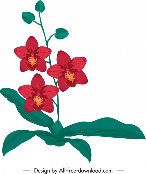 ikon flora anggrek sketsa gambar tangan klasik merah hijau
