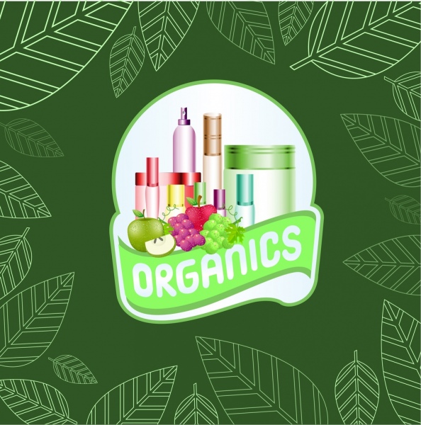 Anuncios de cosmeticos organicos hojas verdes fondo iconos de la fruta