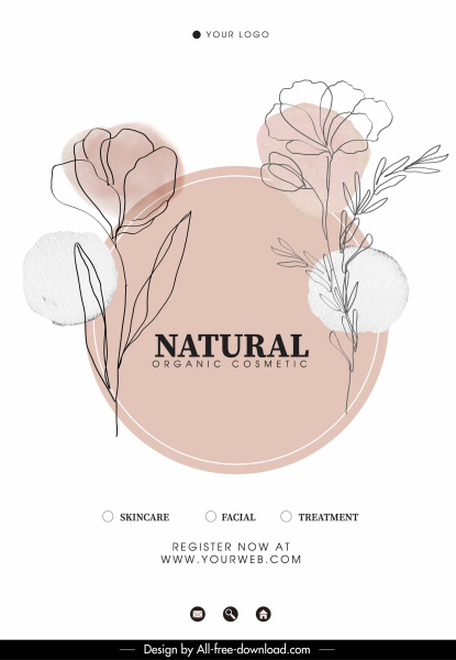 Bio-Kosmetik-Werbebanner handgezeichnete Blumenskizze