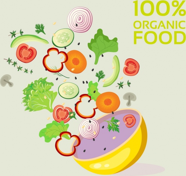 Ingrediente de alimentos orgánicos vegetales Bowl iconos publicidad decoracion