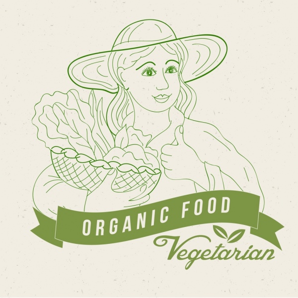 Los alimentos orgánicos anuncio mujer icono verde sketch
