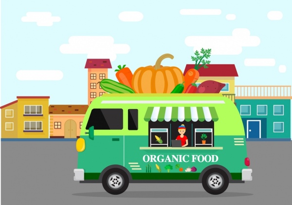 Publicidad de comida orgánica camión frutas iconos de dibujos animados de colores