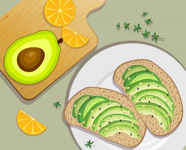 ícones de abacate laranja pão de fundo de alimentos orgânicos