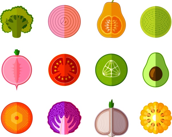ilustração de ícones de alimentos orgânicos com superfície de corte estilo