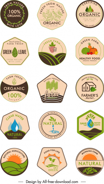 Bio-Lebensmittel-Label-Vorlagen retro flache geometrische Formen