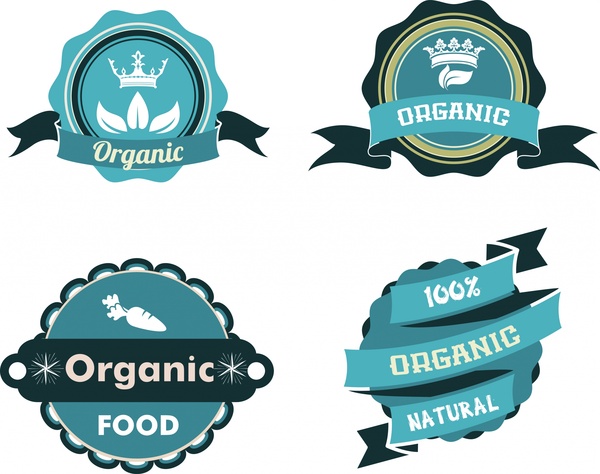 유기농 식품 라벨 컬렉션 블루에서 다양 한 모양
