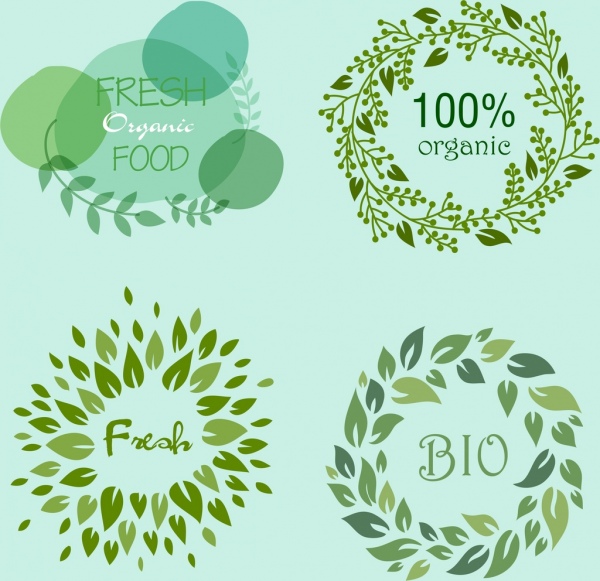 유기농 식품 logotypes 그린 나뭇잎 원형 장식