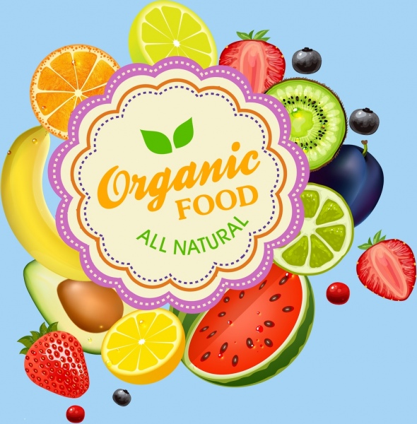 promoção de alimentos orgânicos banner vários símbolos coloridos brilhantes