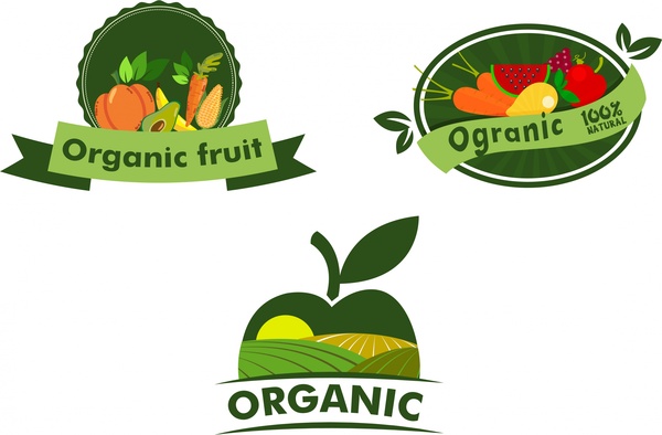 logotipo de frutas orgânicas define vários elementos em forma de símbolo