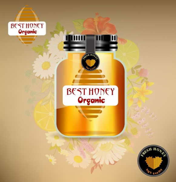 Publicité de miel biologique brillant jaune pot fleurs icônes