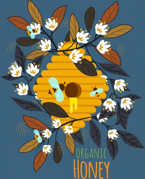 Los iconos de nido de abeja de flores de publicidad de miel orgánica