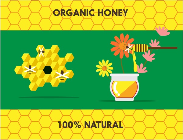 Bio-Honig Banner Symbolelemente auf Waben Hintergrund