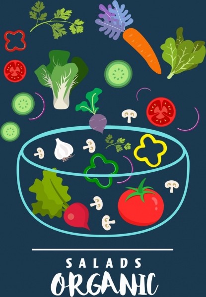 Tazón de ensalada de verduras frescas organicas anuncio de iconos
