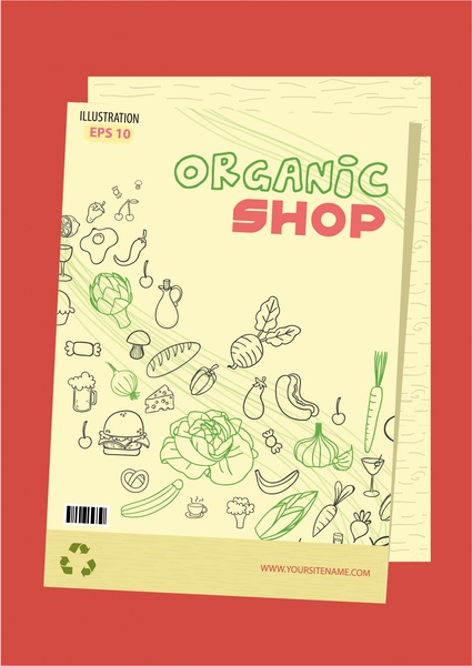 Desain brosur organik toko dengan produk-produk yang menarik