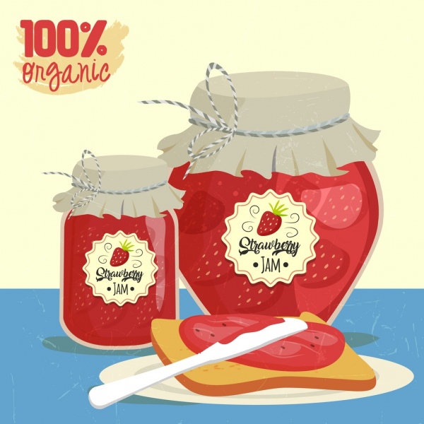 organik selai strawberry iklan desain retro warna-warni