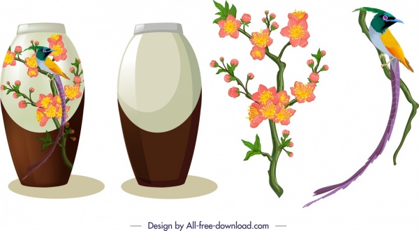 Oryantal Tasarım Öğeleri Vazo Çiçek Tavus Kuşu Simgeleri