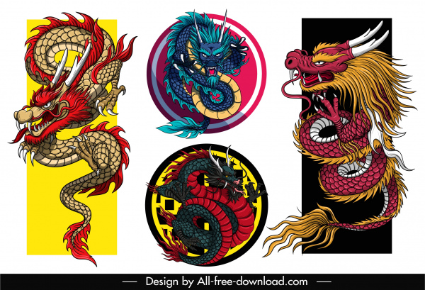 iconos de dragón oriental colorido diseño clásico