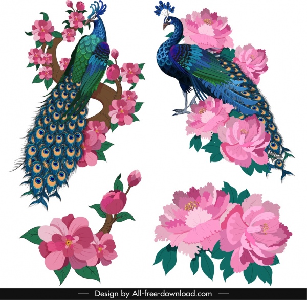 Elemen Desain Lukisan Oriental Burung merak Bunga Ikon Sketsa
